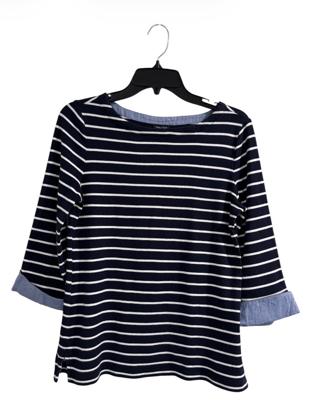 Nautica Blue & White Striped Boat Neck Top  Chambray Accents Women’s Size Medium